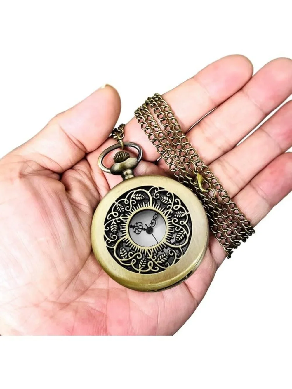 Men's White Vintage Chain Quartz Bronze Leaves Necklace Halloween Pocket Watch